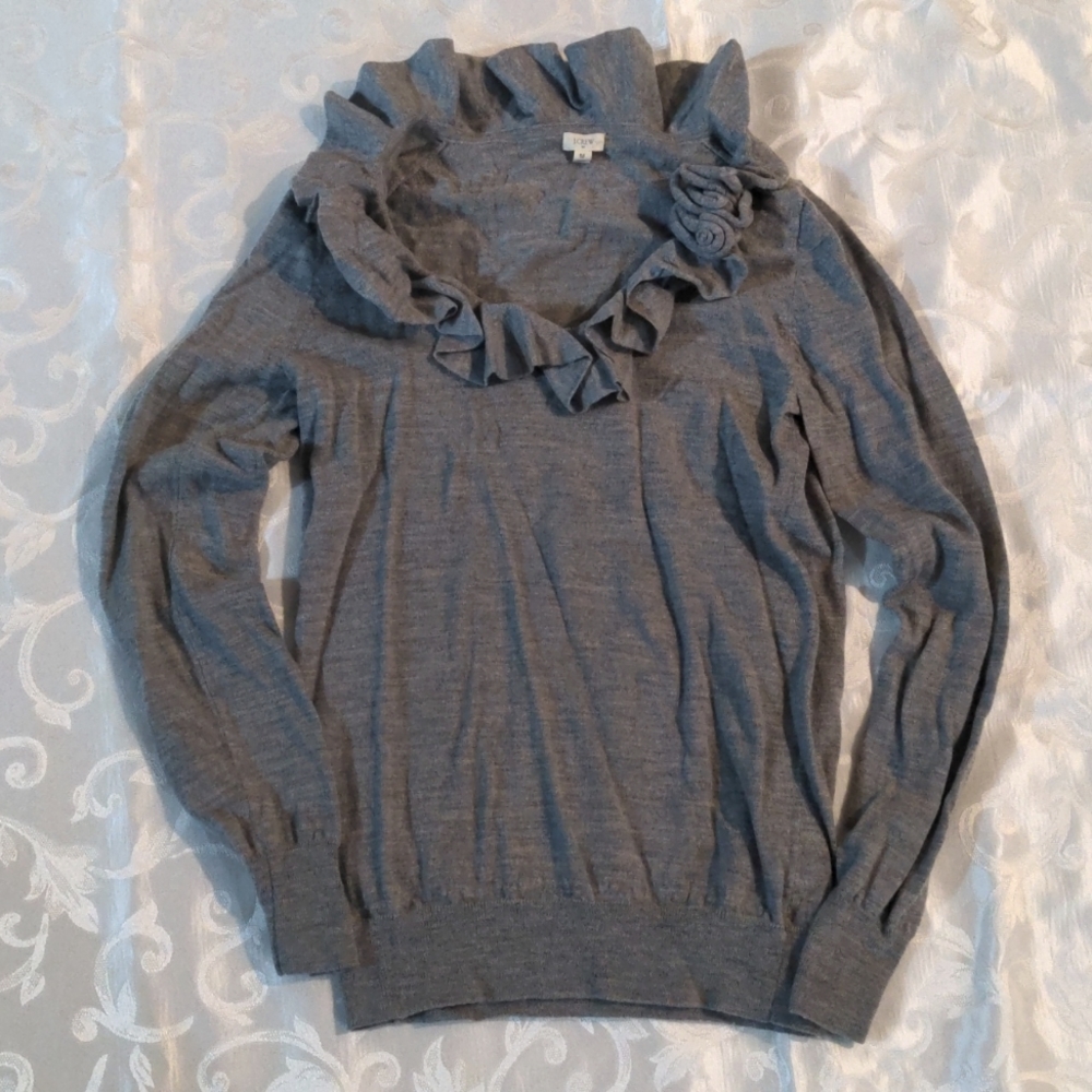 J Crew grey merino wool ruffle collar sweater